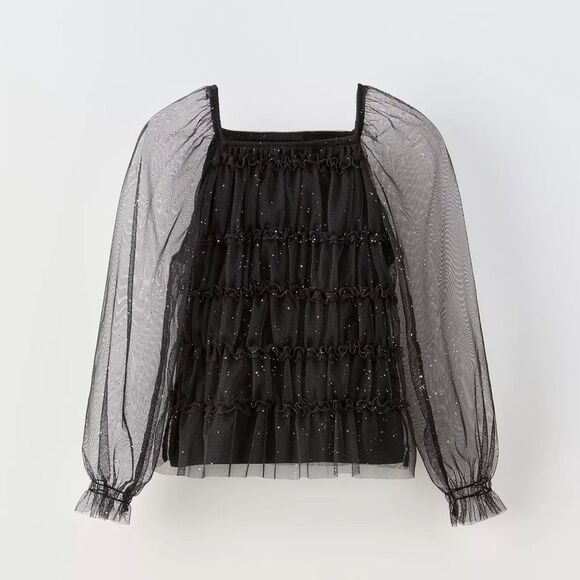 Zara Rhinestone Tulle Black Sheer Top Girls 6-7 Years Old NEW - Picture 1 of 6